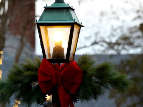 red and black metal lantern lighted