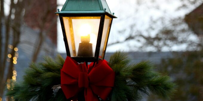 red and black metal lantern lighted